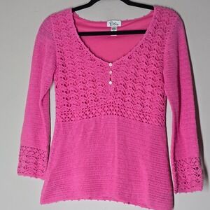 Y2K Lilly Pulitzer Pink Crochet Knit Top Women's Small Boho Resort Lace Trim